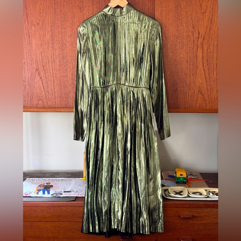 Loewe Shiny Pleated Lurex Midi Length Dress. Sweet shiny metallic olive green. - Picture 5 of 15